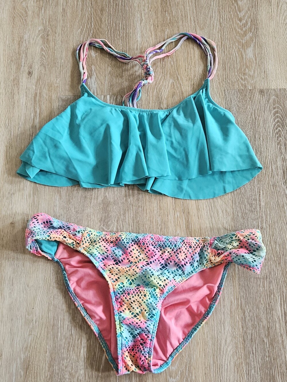 Women's Victoria's secret pink pastel neon tie dye flounce 2 piece bikini swim